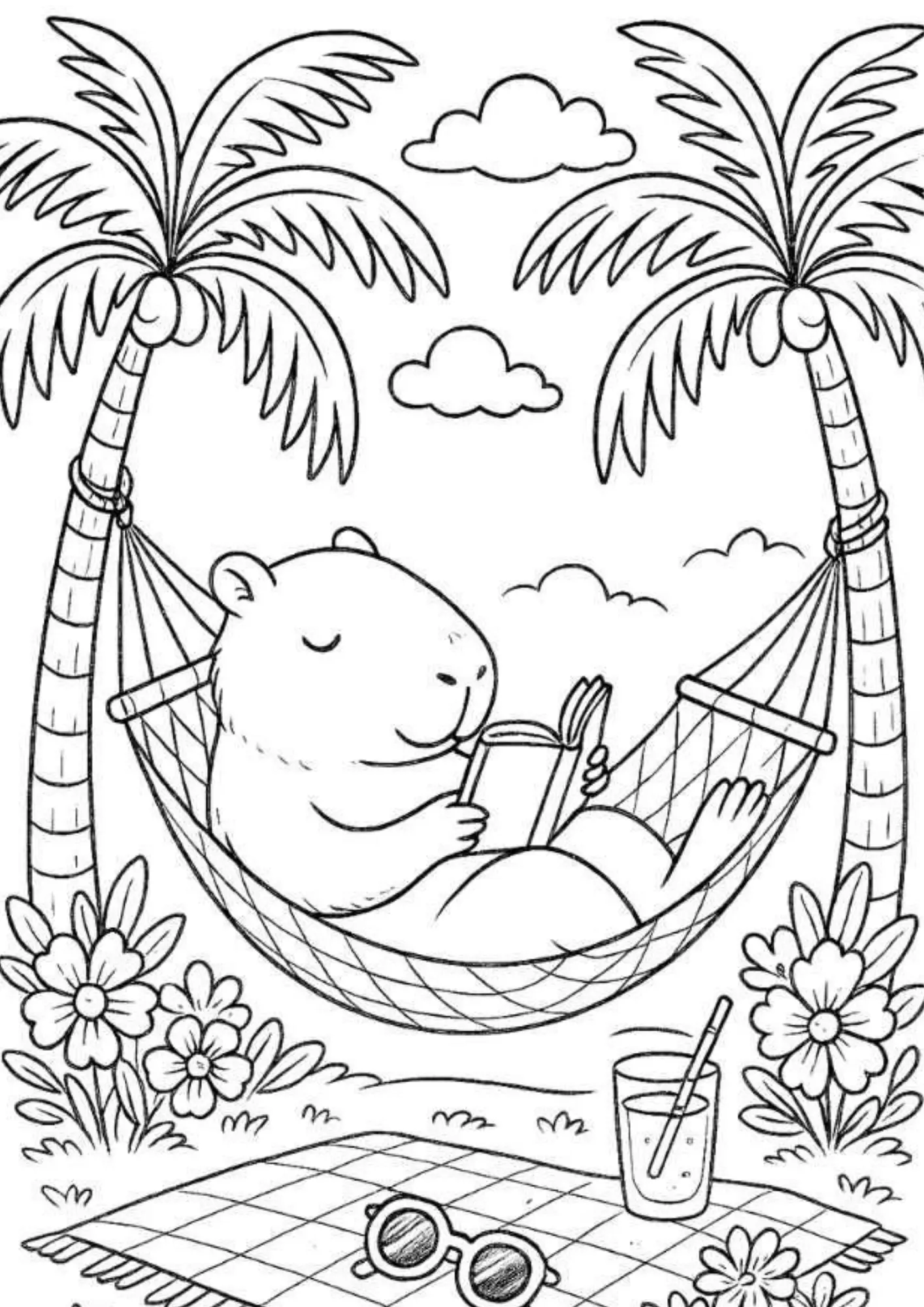 Desenho de contorno de uma capivara deitada em uma rede amarrada em dois coqueiros, lendo um livro, com uma toalha de piquenique, óculos e suco no chão.