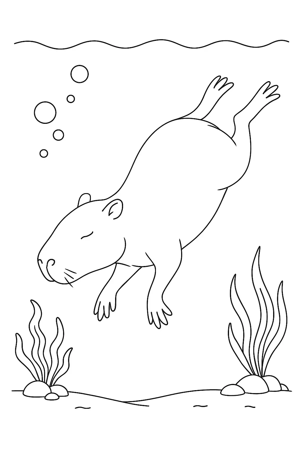 Desenho de contorno de uma capivara mergulhando debaixo d'água, vista de lado com as patas esticadas, bolhas de ar subindo e algas no fundo.