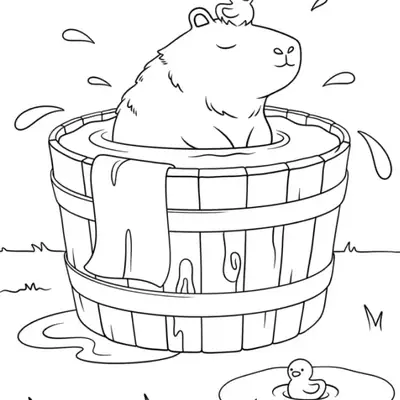 Hora do Banho: Desenho de Capivara no Barril para Colorir