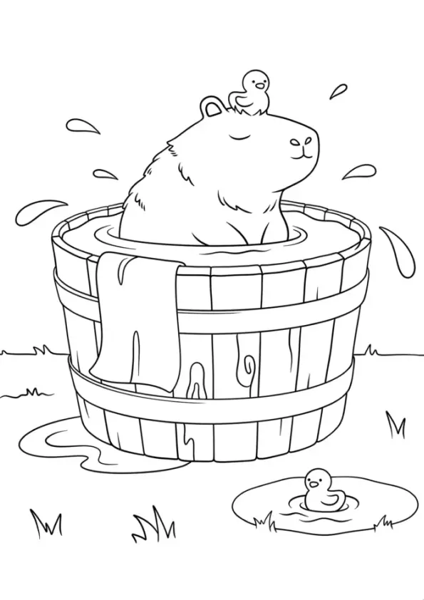 Desenho de contorno de uma capivara dentro de um barril de madeira cheio de água; um pequeno patinho está em sua cabeça e há respingos de água ao redor.