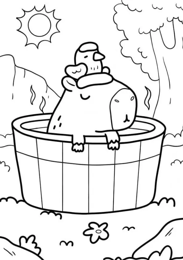 Desenho de contorno de uma capivara dentro de um barril de madeira (ofurô) com água quente; um passarinho está pousado em sua cabeça em um jardim ensolarado.