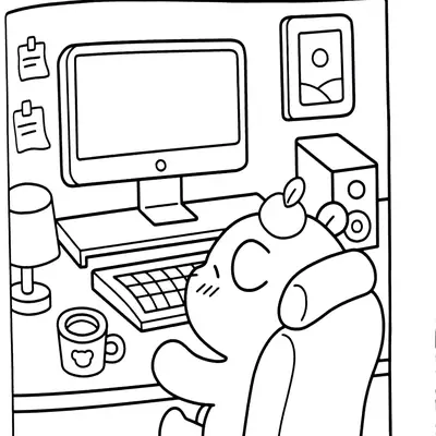 Desenho de contorno de uma capivara sentada em uma cadeira de escritório de costas, olhando para um monitor de computador em uma mesa com café e luminária.