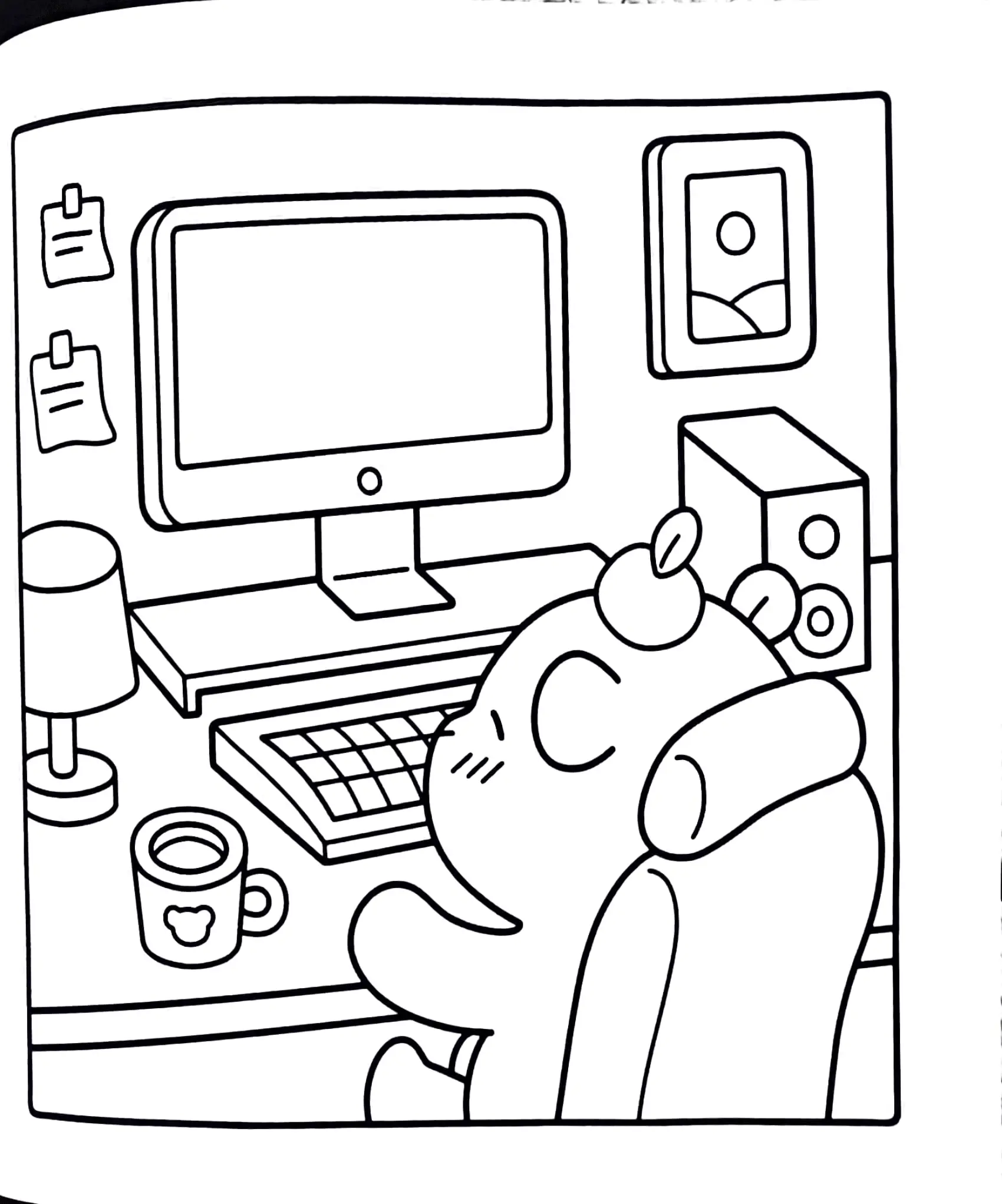 Desenho de contorno de uma capivara sentada em uma cadeira de escritório de costas, olhando para um monitor de computador em uma mesa com café e luminária.