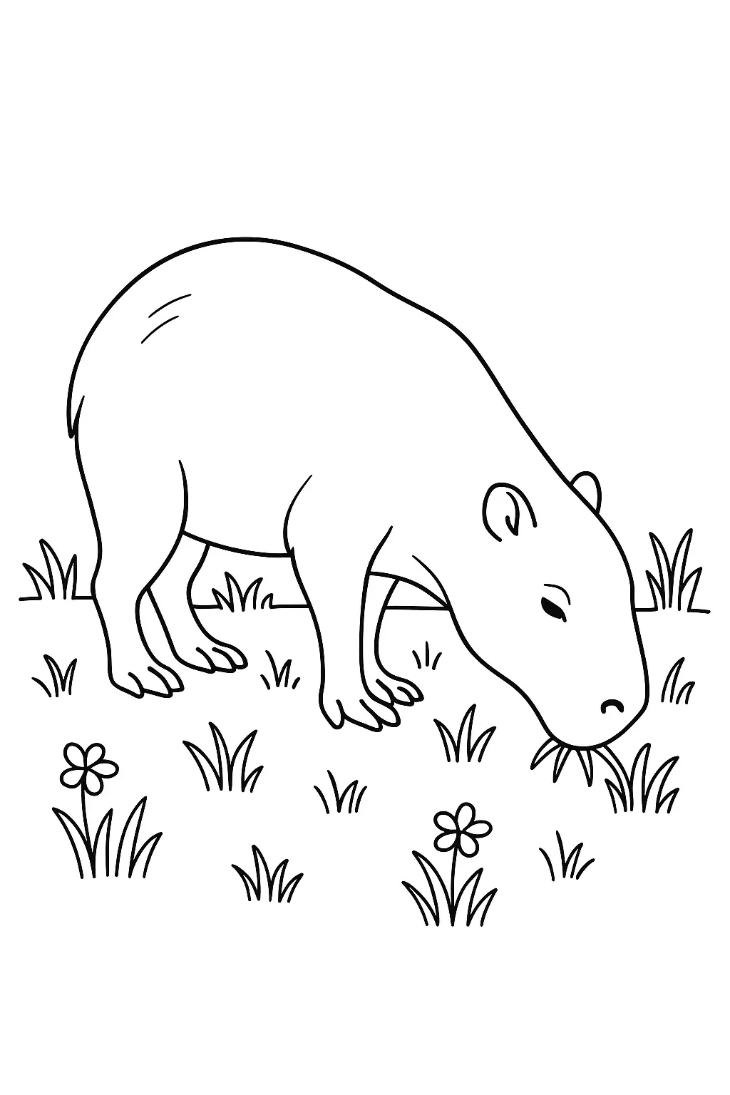Desenho de contorno de uma capivara de perfil caminhando em um campo com grama alta e pequenas flores de cinco pétalas.