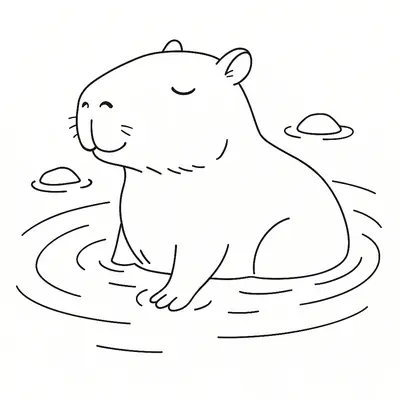 Ilustração de contorno de uma capivara mergulhada na água até a metade do corpo, com círculos de ondas e pedras ao redor.