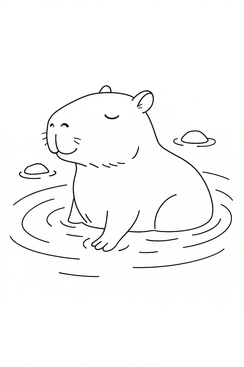 Ilustração de contorno de uma capivara mergulhada na água até a metade do corpo, com círculos de ondas e pedras ao redor.