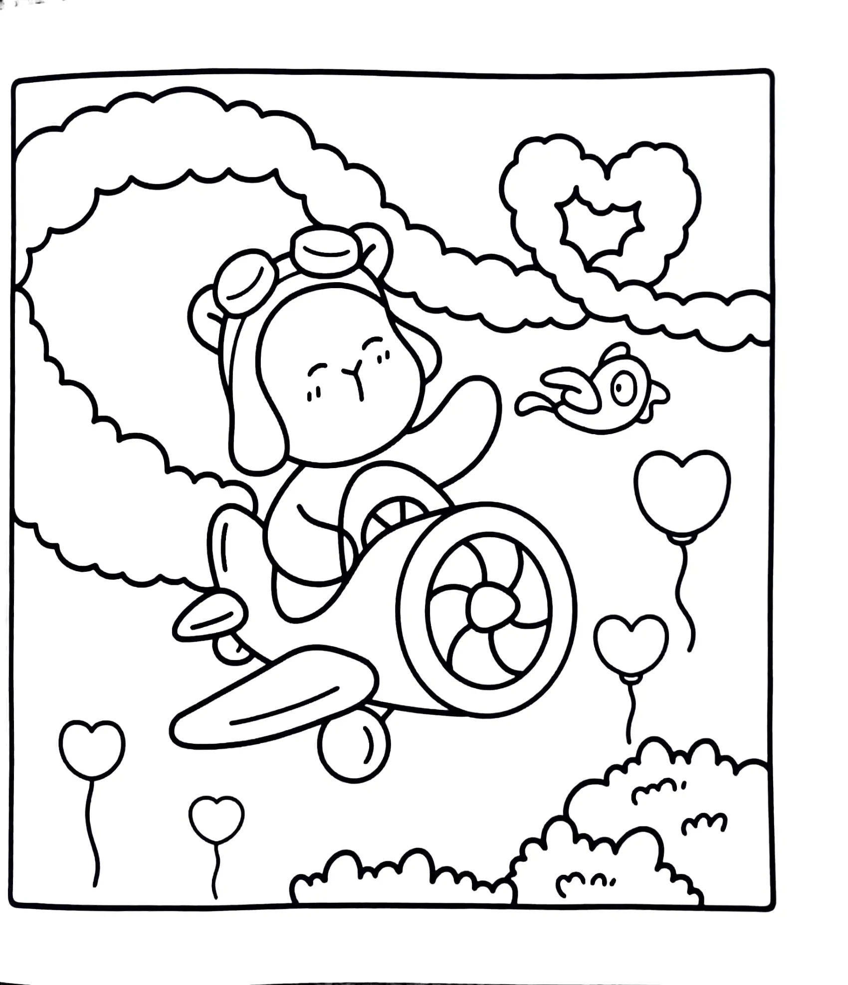 Desenho de contorno de uma capivara usando capacete de aviador e óculos, pilotando um pequeno avião monomotor entre nuvens e balões de coração.