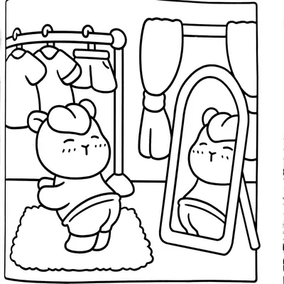 Desenho de contorno de uma capivara usando uma camiseta e shorts, olhando seu reflexo em um espelho de corpo inteiro ao lado de uma arara com roupas penduradas.