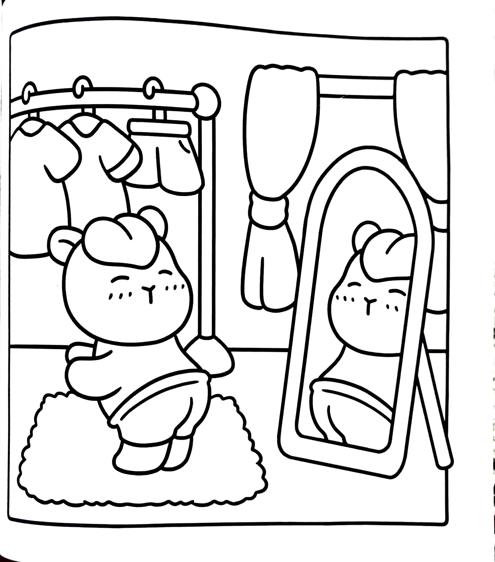 Desenho de contorno de uma capivara usando uma camiseta e shorts, olhando seu reflexo em um espelho de corpo inteiro ao lado de uma arara com roupas penduradas.