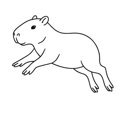 Desenho de contorno preto e branco de uma capivara saltando com as quatro patas no ar, vista de perfil em um fundo branco.