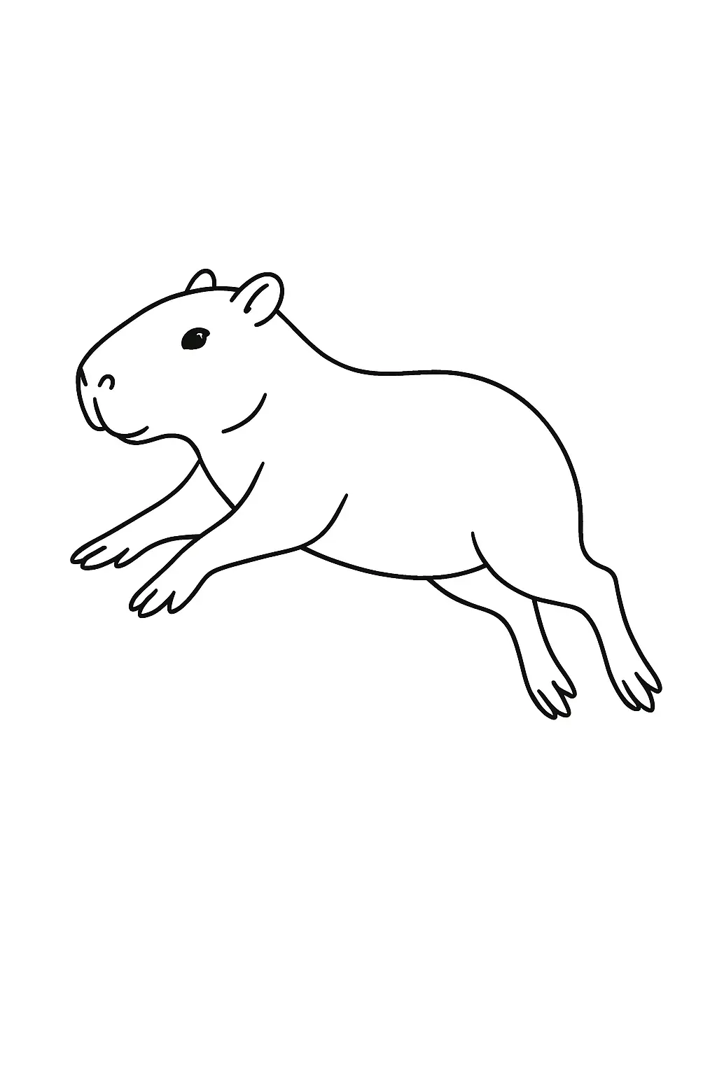 Desenho de contorno preto e branco de uma capivara saltando com as quatro patas no ar, vista de perfil em um fundo branco.