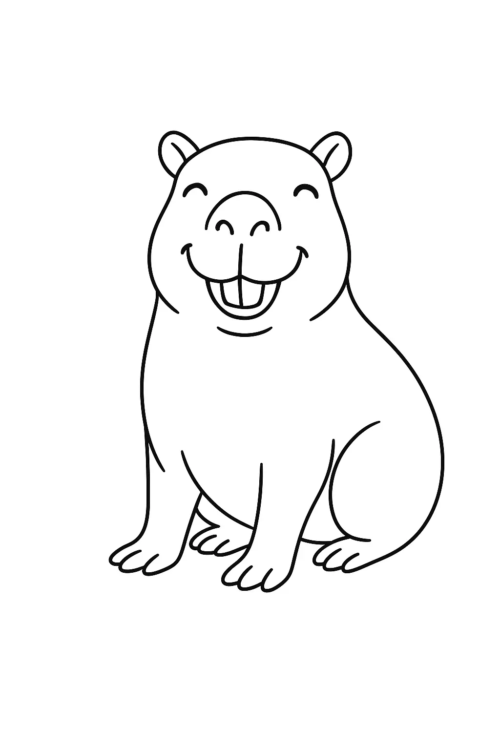 Desenho de contorno simples de uma capivara sentada de frente, com uma expressão de felicidade extrema, mostrando os dentes e sorrindo.