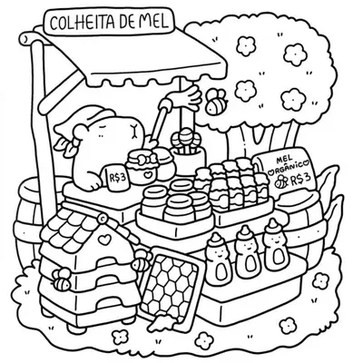Feira na Floresta: Desenho de Capivara Vendedora de Mel para Colorir