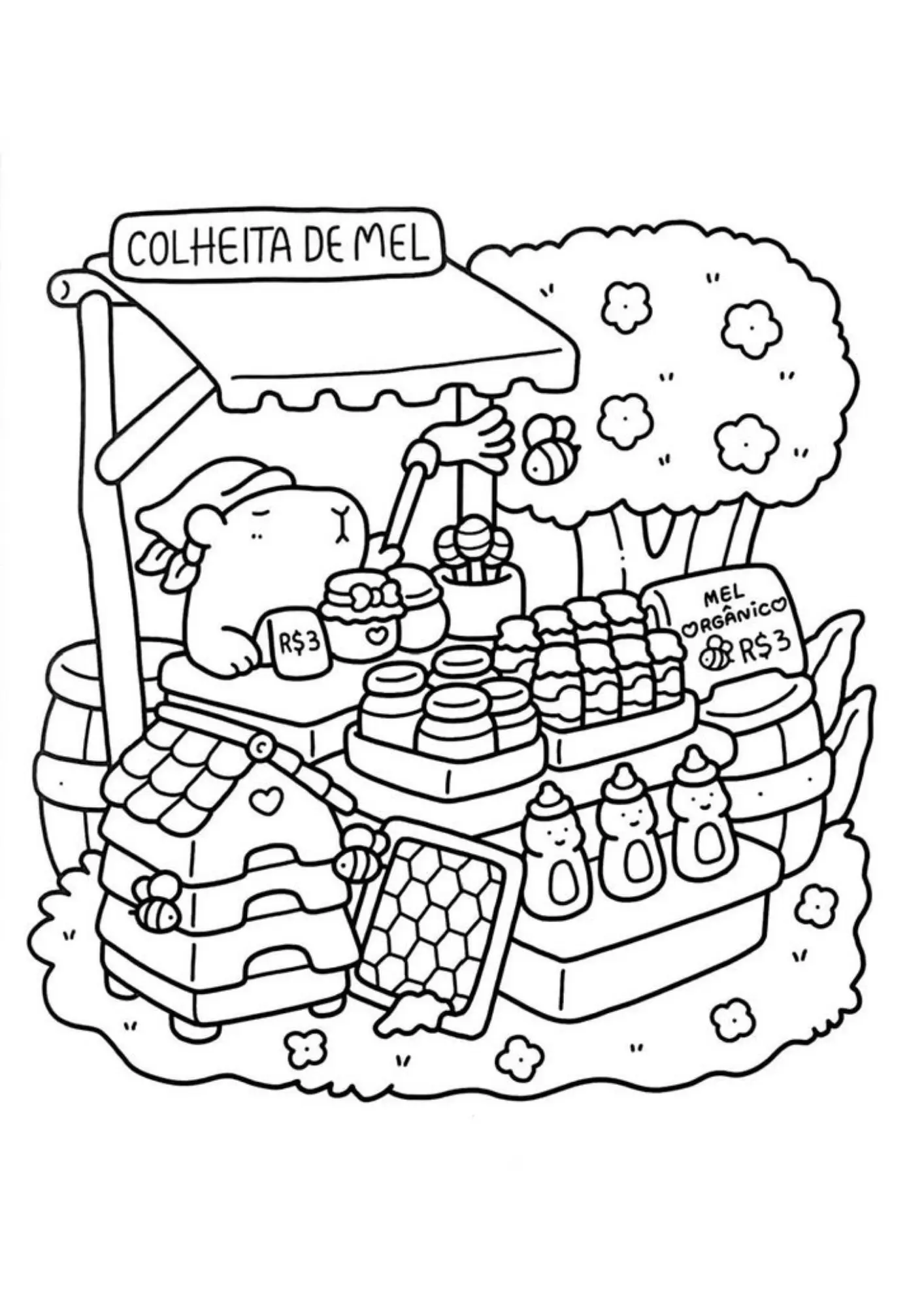 Desenho de contorno de uma capivara usando lenço na cabeça em uma barraca de feira com a placa "Colheita de Mel", com vários potes de mel e colmeias ao redor.