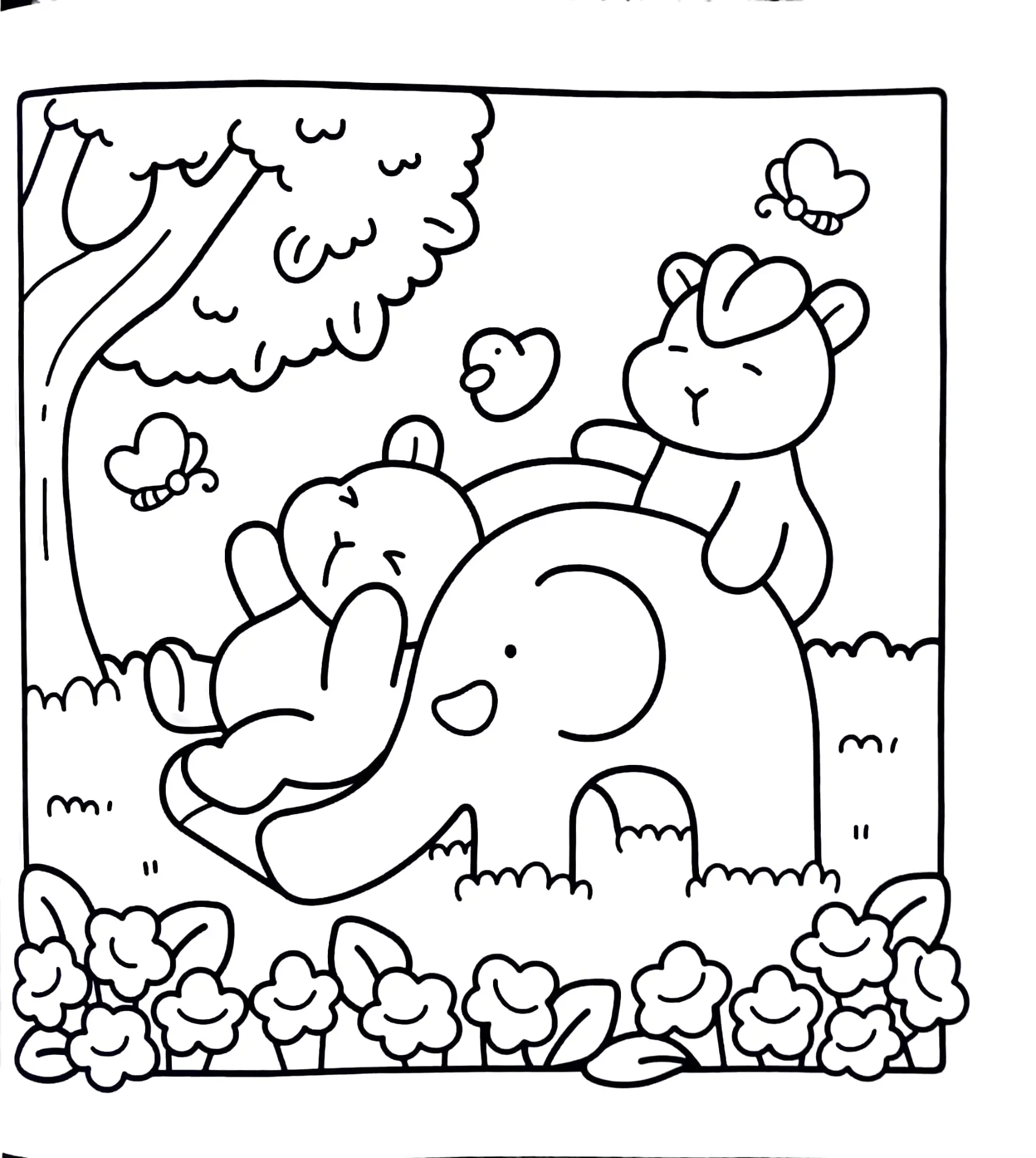 Desenho de contorno de um elefante sorridente servindo de escorregador para uma capivara, enquanto outra capivara está sentada em suas costas, em um campo com flores e borboletas.