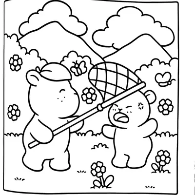 Desenho de contorno de duas capivaras em um campo; uma capivara de boné segura uma rede de borboletas sobre a cabeça da outra capivara, cercadas por flores e montanhas.