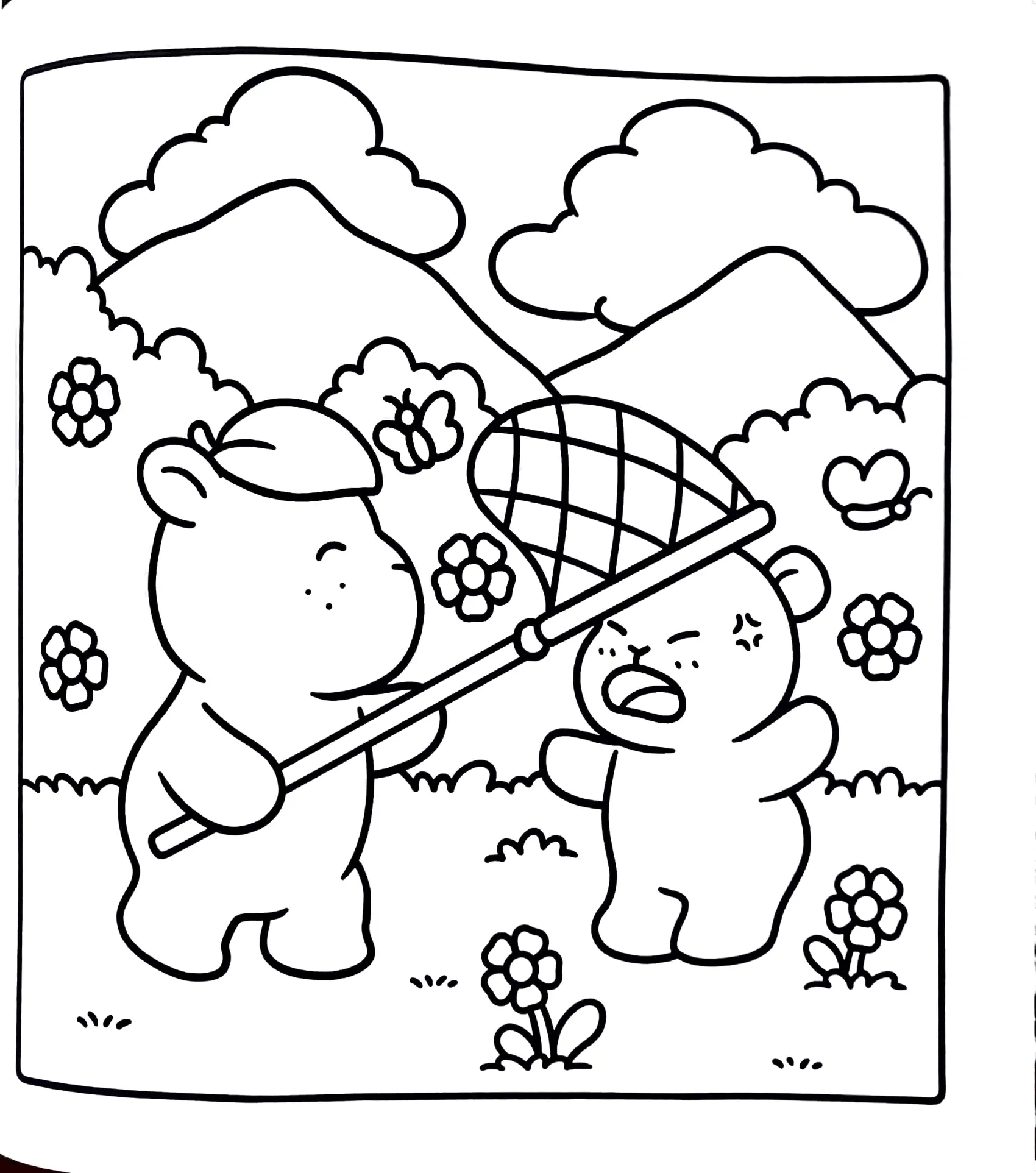 Desenho de contorno de duas capivaras em um campo; uma capivara de boné segura uma rede de borboletas sobre a cabeça da outra capivara, cercadas por flores e montanhas.