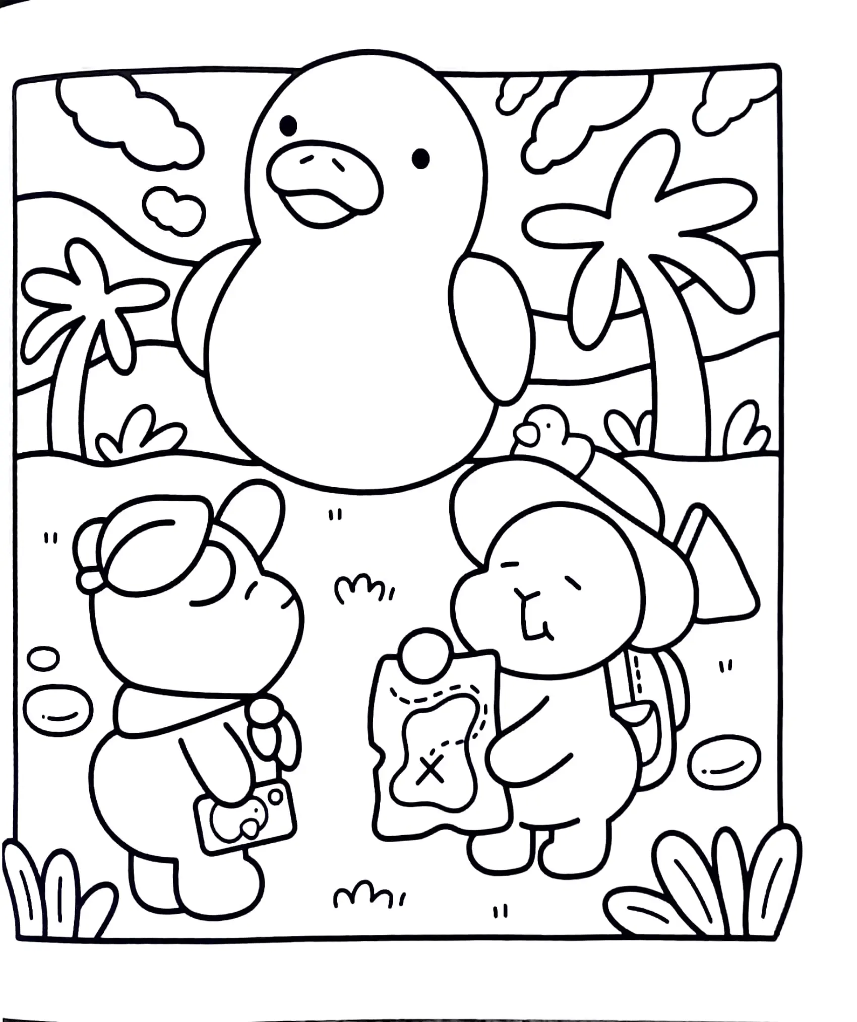 Desenho de contorno de duas capivaras em estilo cartoon vestidas de exploradoras; uma segura um mapa com um "X" e a outra uma câmera, com palmeiras e um pato grande ao fundo.
