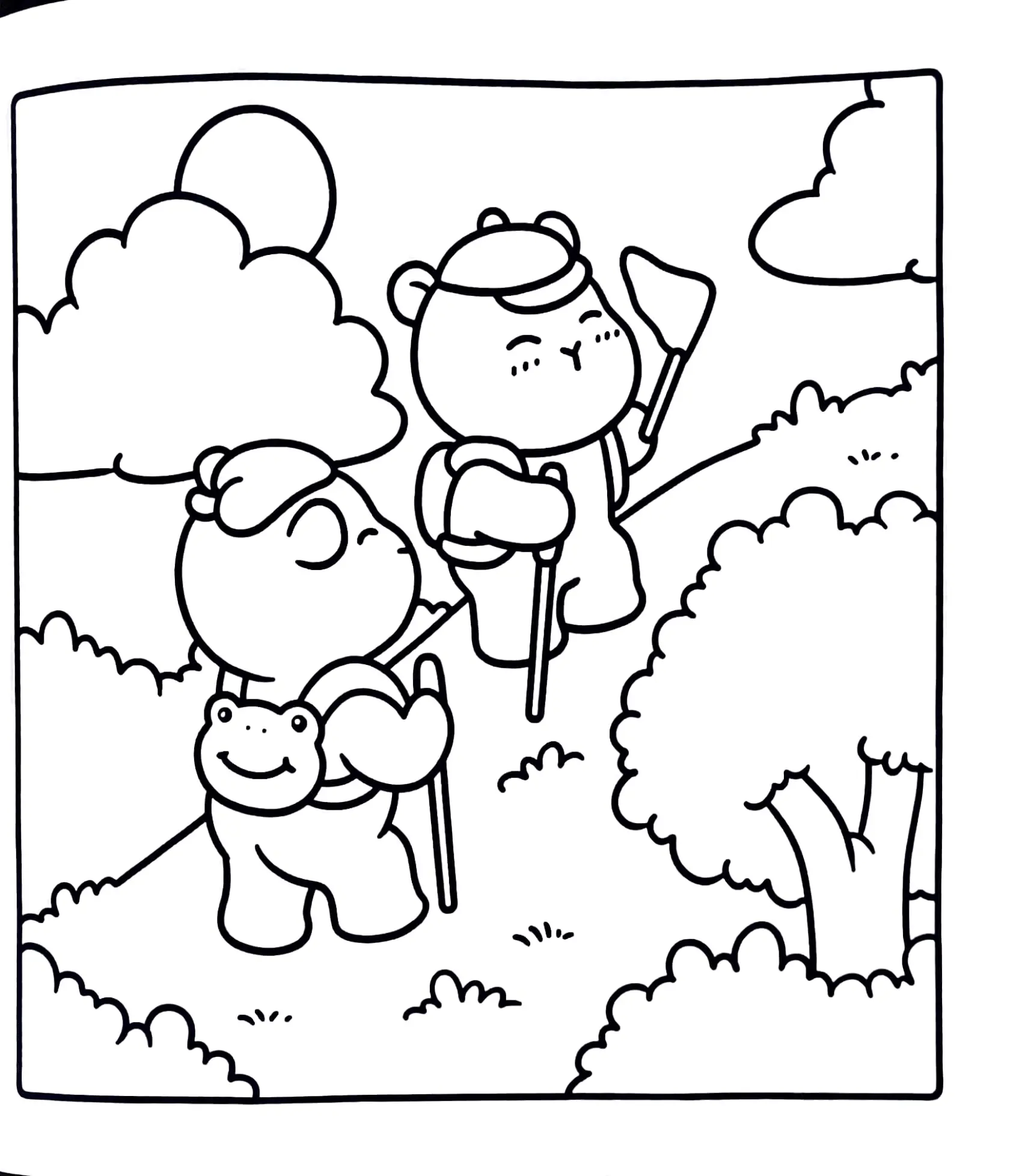 Desenho de contorno de duas capivaras de mochila e boné fazendo trilha em uma montanha, com uma árvore e nuvens ao fundo.