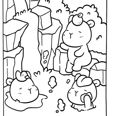 Spa na Natureza: Desenho de Capivaras na Cachoeira para Colorir