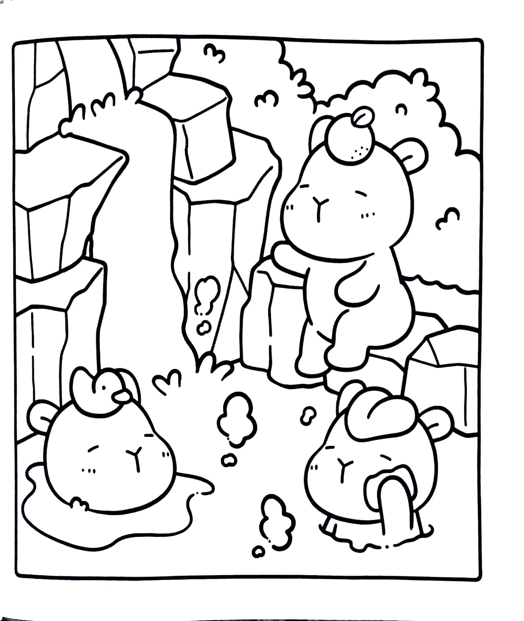 Desenho de contorno de três capivaras em um banho de águas termais; uma está sentada na rocha com uma fruta na cabeça e outras duas estão na água perto de uma cachoeira.