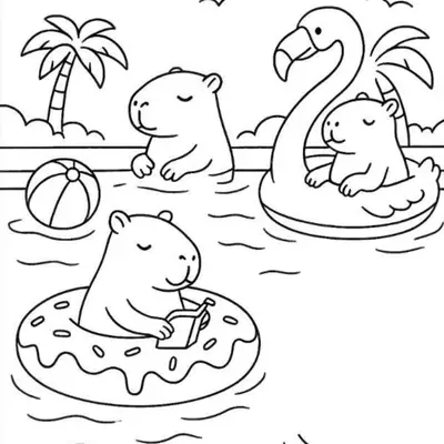 Pool Party: Desenho de Capivaras na Piscina para Colorir