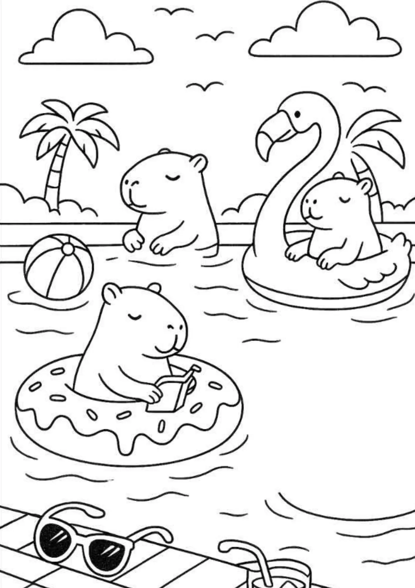 Desenho de contorno de três capivaras em uma piscina: uma em uma boia de donuts lendo, outra em uma boia de flamingo e a terceira nadando, com palmeiras ao fundo.