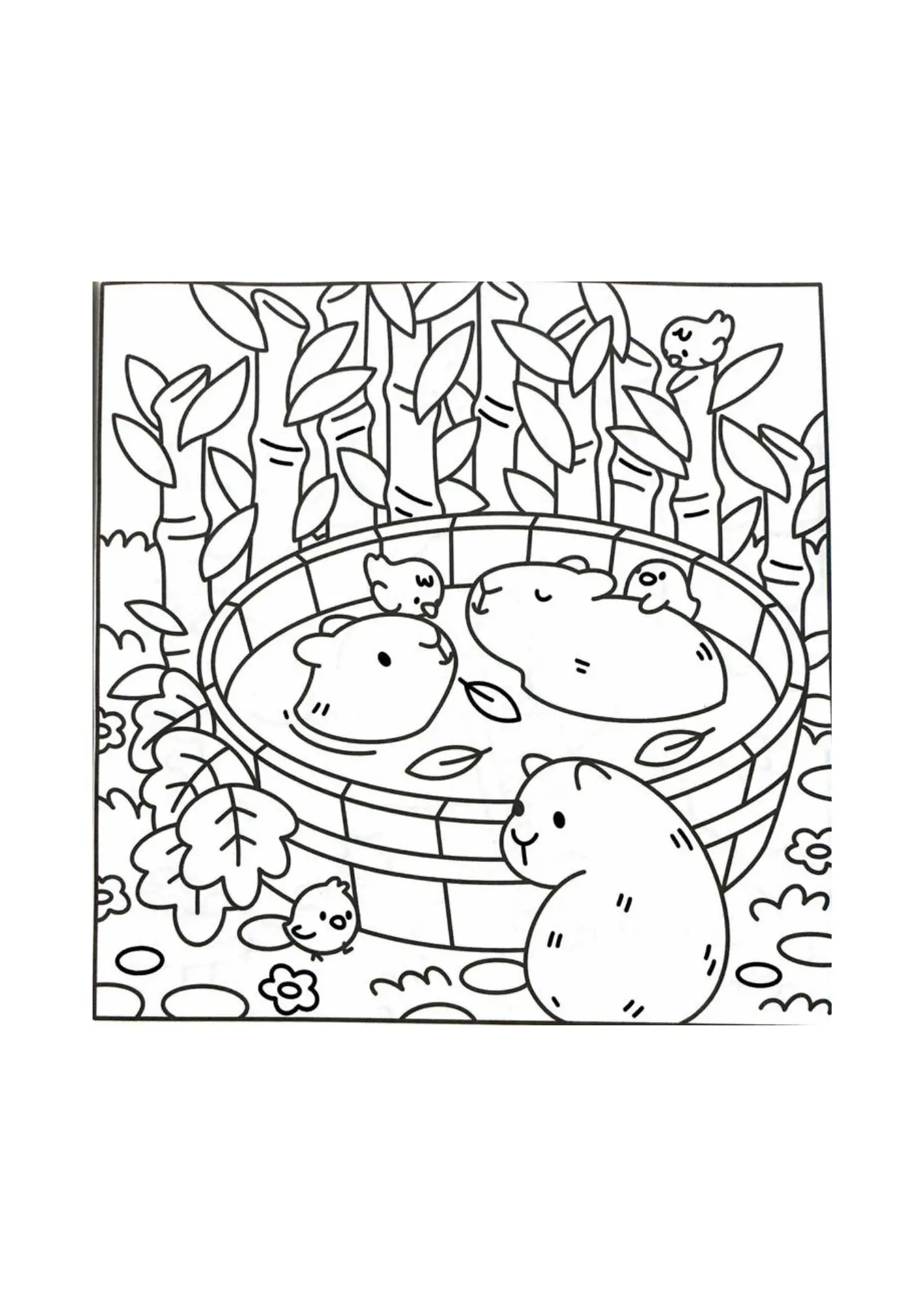 Desenho de contorno de três capivaras: duas dentro de um ofurô circular com água e folhas, e uma sentada ao lado, rodeadas por passarinhos e bambus.