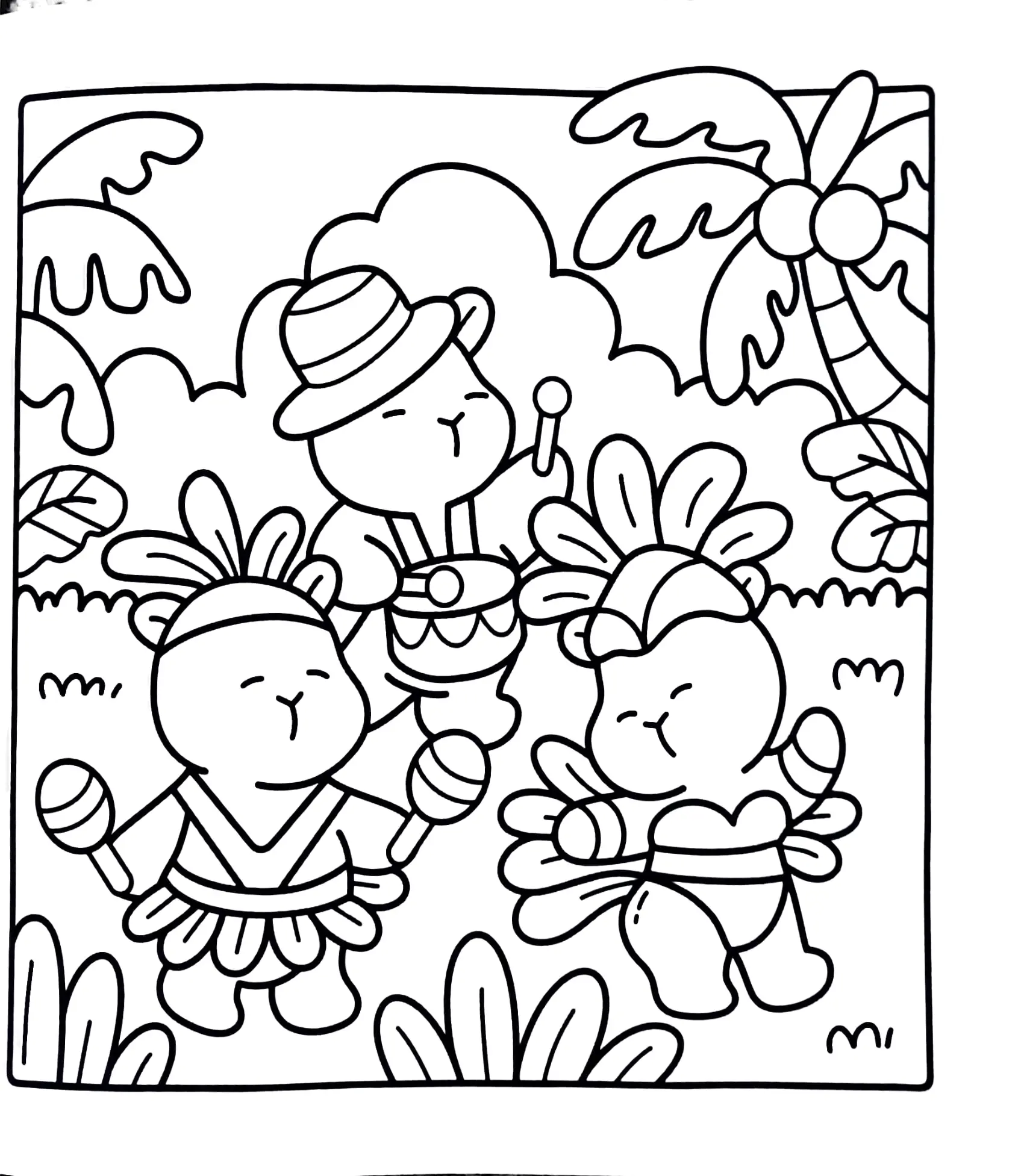 Desenho de contorno de três capivaras fantasiadas; duas usam adereços de cabeça com penas e seguram maracas, e uma usa chapéu e toca tambor sob palmeiras.