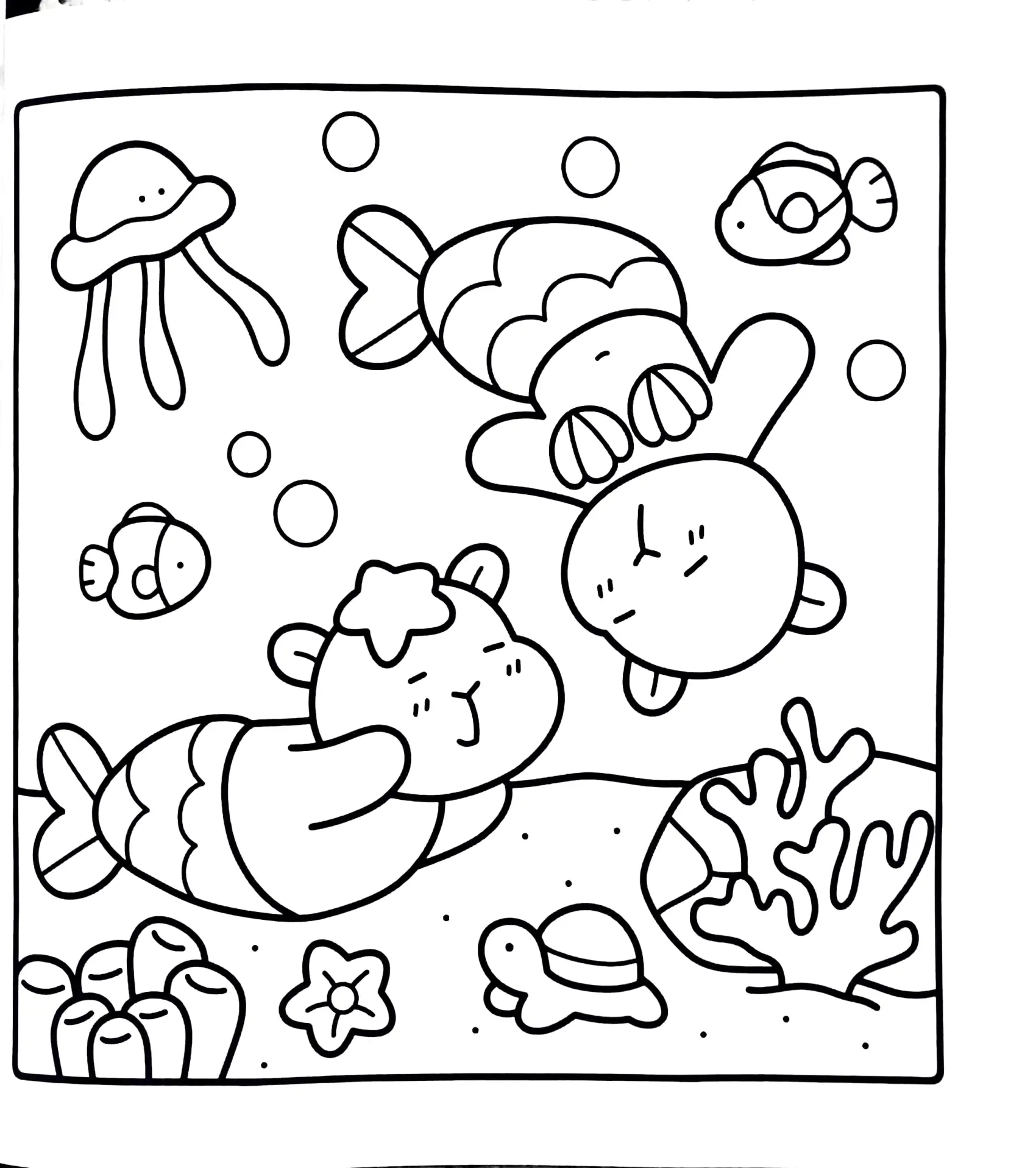 Desenho de contorno de duas capivaras com caudas de sereia nadando no oceano; uma delas usa uma estrela do mar na cabeça, cercadas por corais e vida marinha.