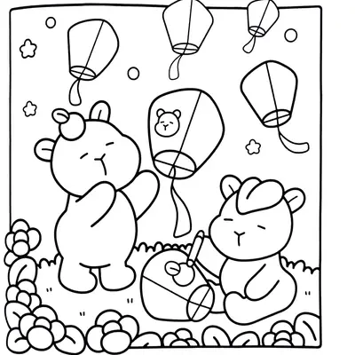 Festival de Luzes: Desenho de Capivaras com Lanternas para Colorir