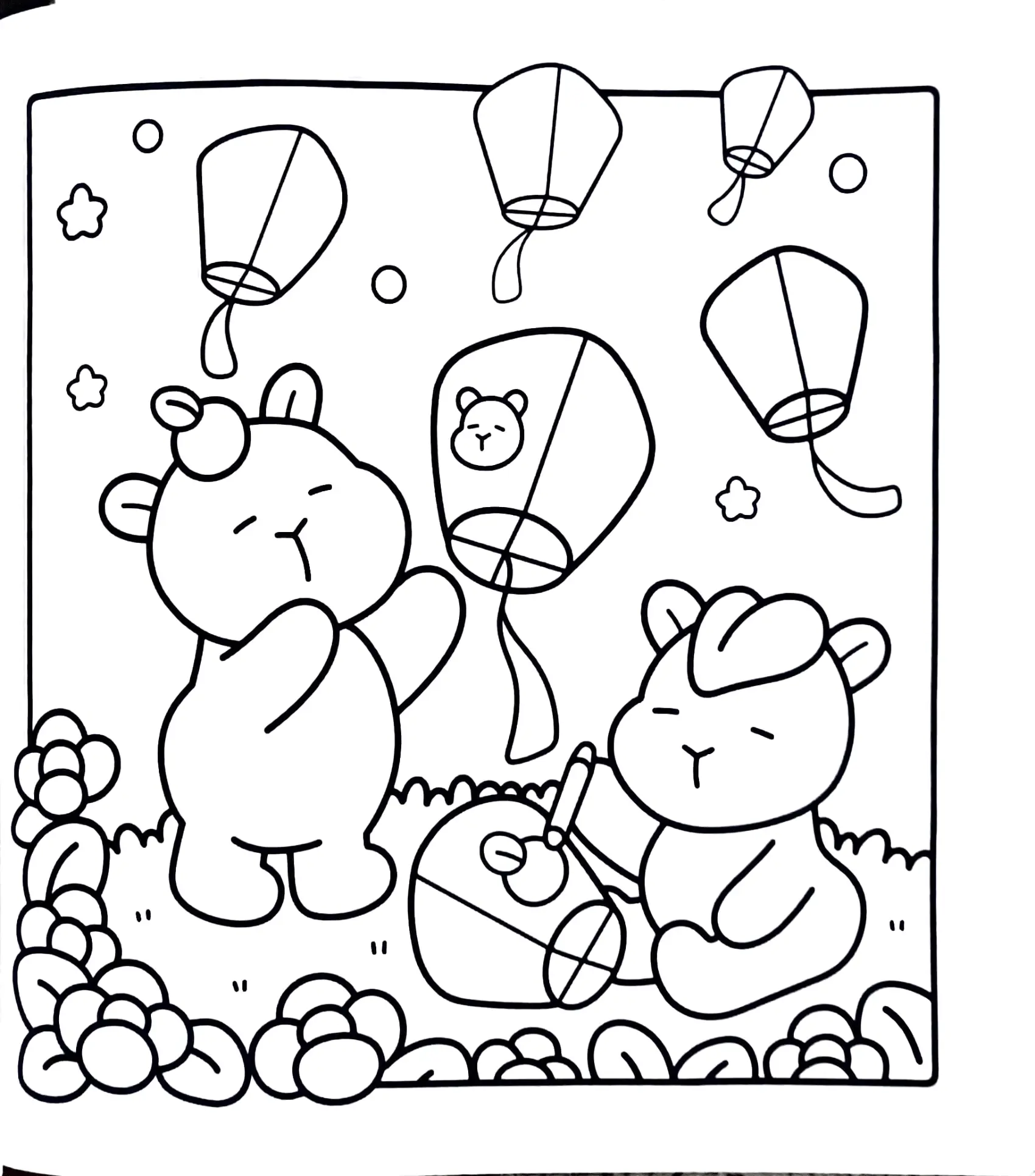 Desenho de contorno de duas capivaras em um campo de flores à noite; várias lanternas de papel flutuam no céu, e uma capivara personaliza sua própria lanterna.