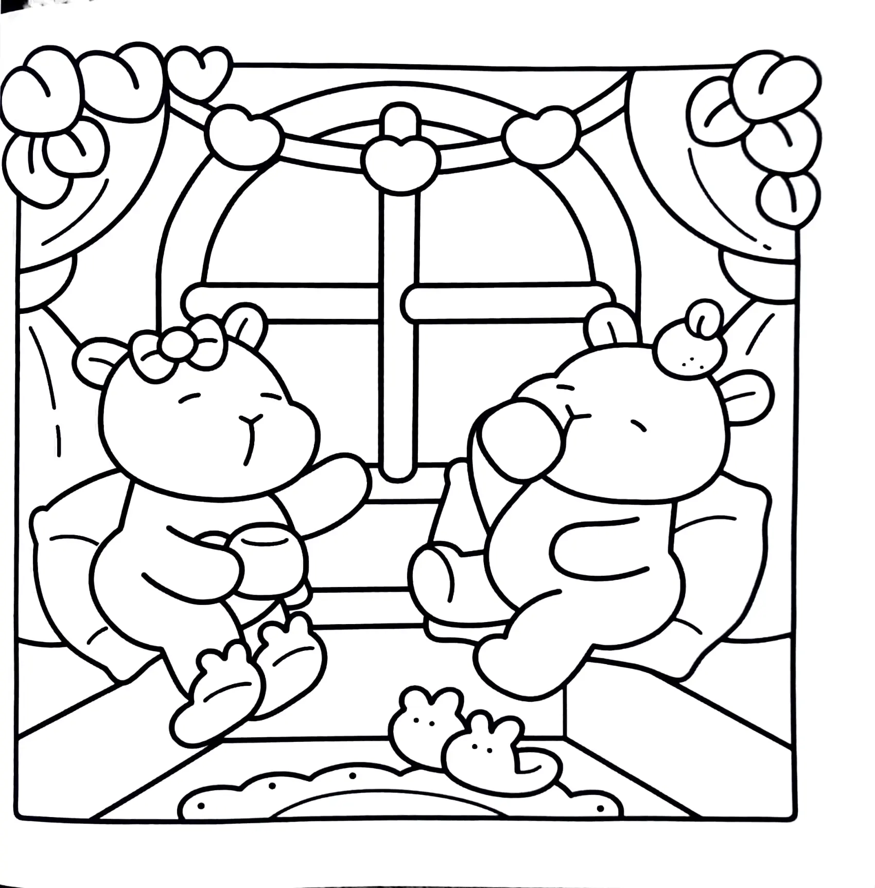 Desenho de contorno de duas capivaras sentadas em poltronas fofas segurando xícaras, em frente a uma janela com cortinas e um varal de corações.