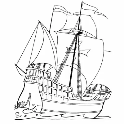 Desenho de contorno de uma caravela antiga com grandes velas, uma delas com a Cruz de Malta, mastros detalhados com cordas e o casco navegando.