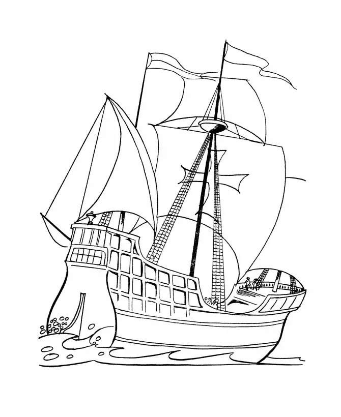 Desenho de contorno de uma caravela antiga com grandes velas, uma delas com a Cruz de Malta, mastros detalhados com cordas e o casco navegando.