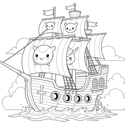 Desenho de contorno de um navio antigo estilo caravela, com quatro velas principais exibindo rostos de personagens fofos, uma cruz na proa e nuvens ao fundo.