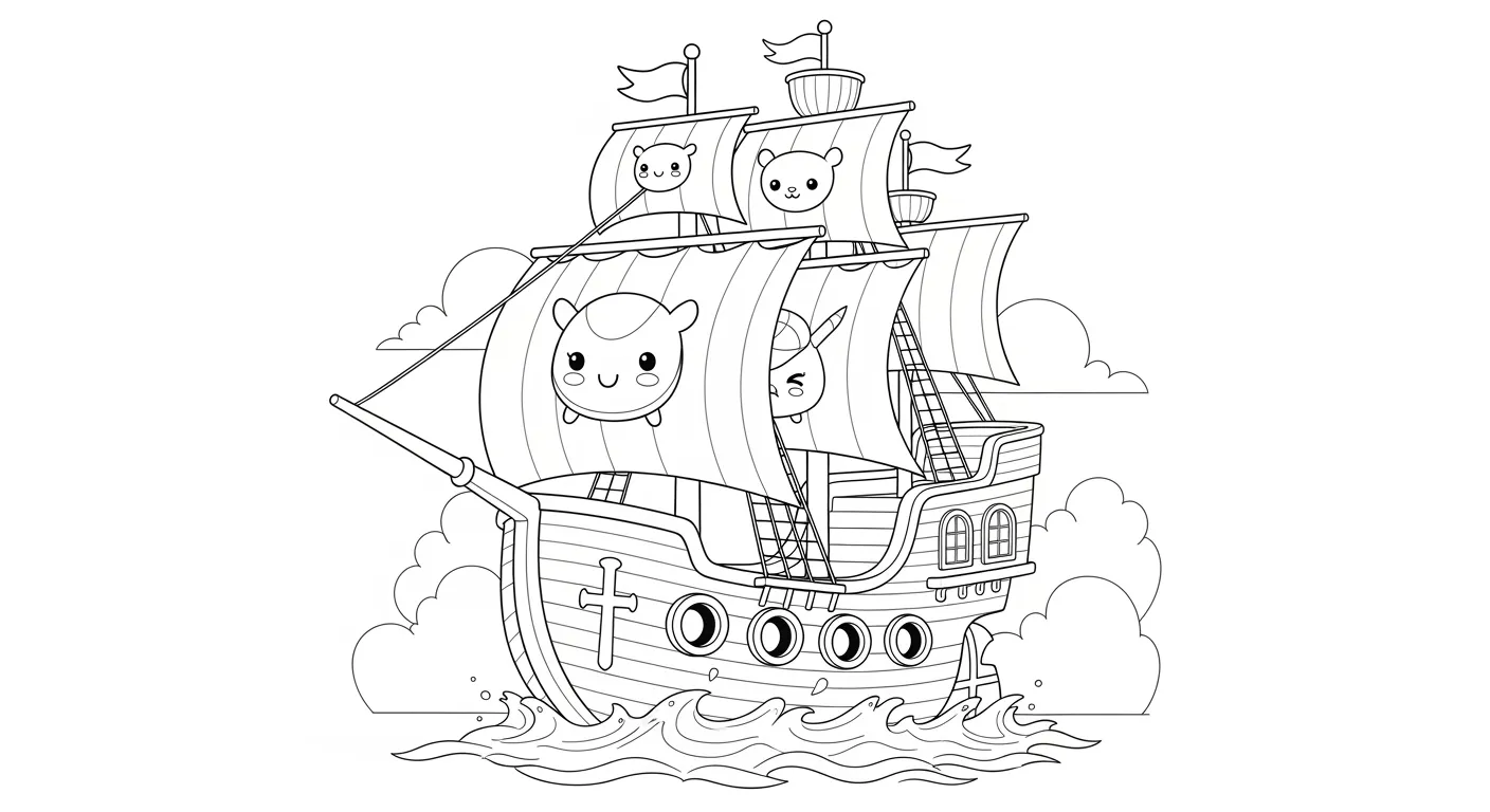 Desenho de contorno de um navio antigo estilo caravela, com quatro velas principais exibindo rostos de personagens fofos, uma cruz na proa e nuvens ao fundo.