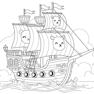 Desenho de contorno de uma caravela de madeira com três velas grandes estampadas com rostos de ursinhos fofos, navegando no mar com nuvens ao fundo.