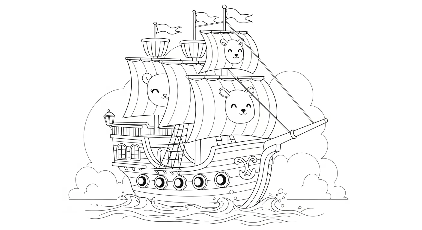 Desenho de contorno de uma caravela de madeira com três velas grandes estampadas com rostos de ursinhos fofos, navegando no mar com nuvens ao fundo.