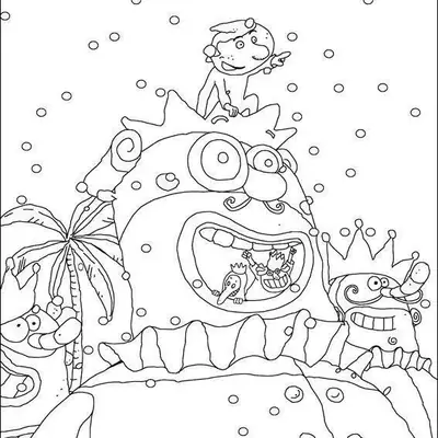 Desenho de contorno de um grande carro alegórico de Carnaval representando uma figura coroada com a boca aberta, foliões pequenos e confetes ao fundo.