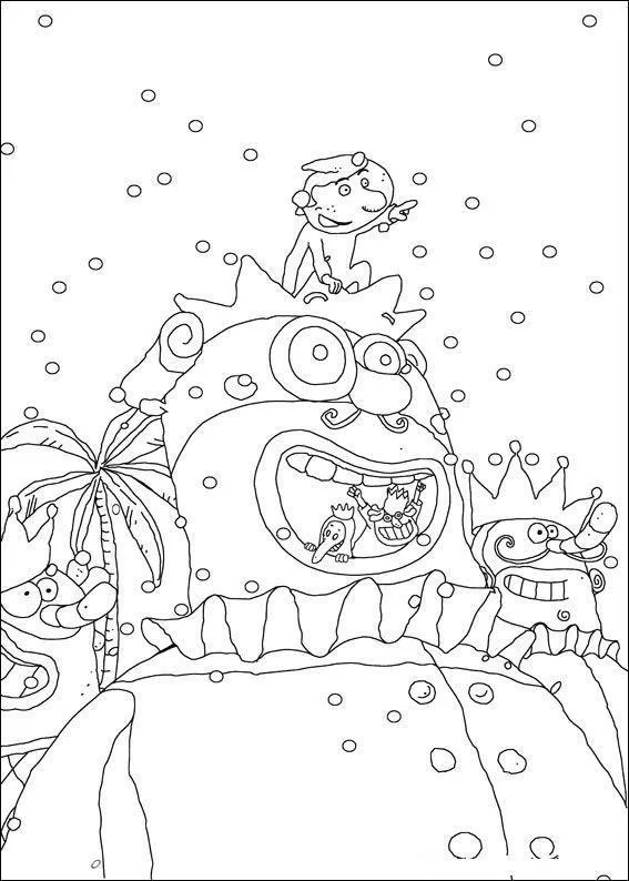 Desenho de contorno de um grande carro alegórico de Carnaval representando uma figura coroada com a boca aberta, foliões pequenos e confetes ao fundo.