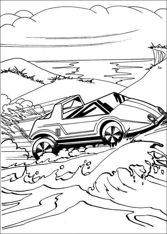 Desenho de contorno de um carro de design moderno saltando sobre uma onda na beira do mar, com dunas e céu nublado ao fundo.