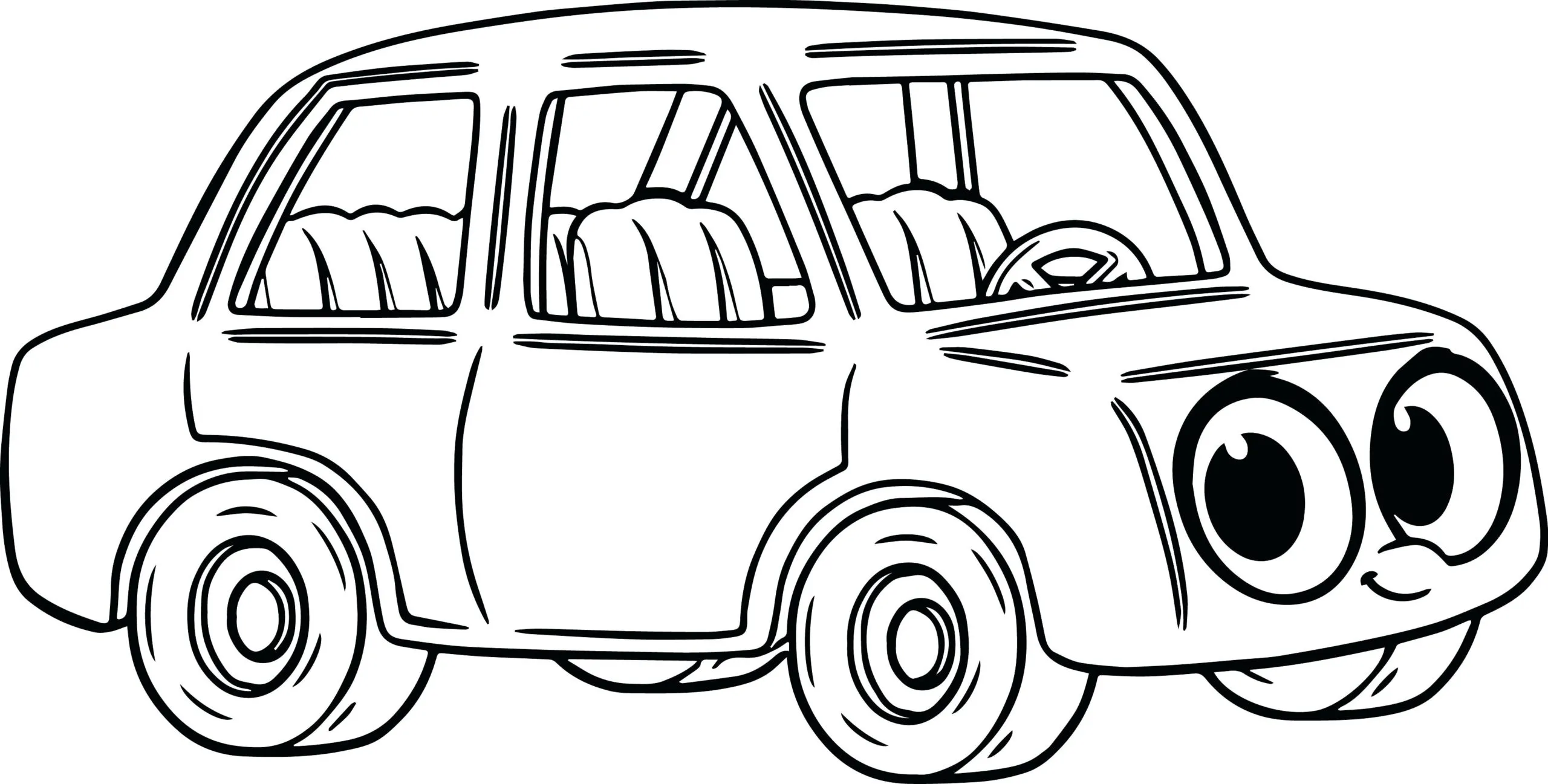 Desenho de contorno preto e branco de um carro pequeno e arredondado com dois olhos grandes e brilhantes na parte frontal, em estilo cartoon.