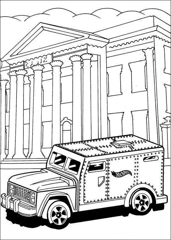 Desenho de contorno de um caminhão blindado com rebites na lataria e o logo Hot Wheels, parado diante de um prédio de banco com grandes colunas gregas.