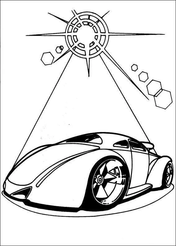 Desenho de contorno da traseira de um carro customizado com rodas grandes, posicionado sob um feixe de luz de um holofote estilizado.