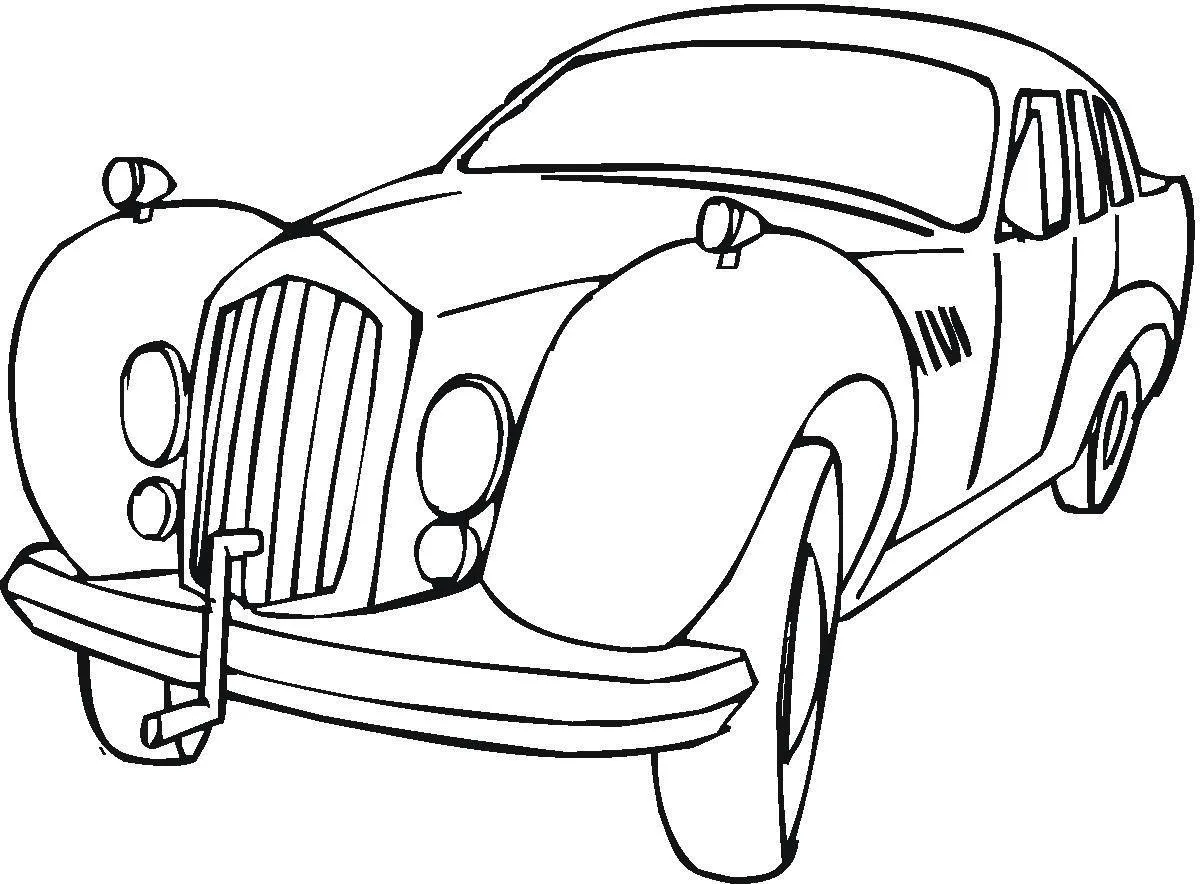 Desenho de contorno de um carro antigo de luxo visto de frente, com grade vertical alta, faróis redondos sobre os para-lamas e linhas clássicas.