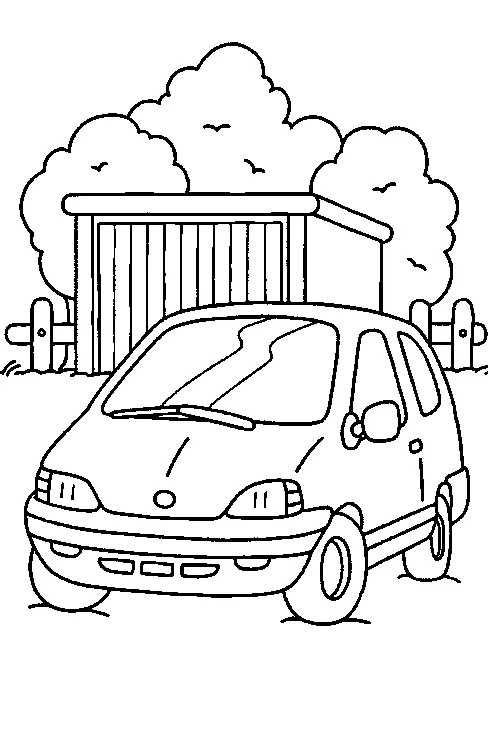 Desenho de contorno de um carro hatchback compacto estacionado no gramado em frente a uma garagem de madeira, com grandes arbustos e árvores ao fundo.