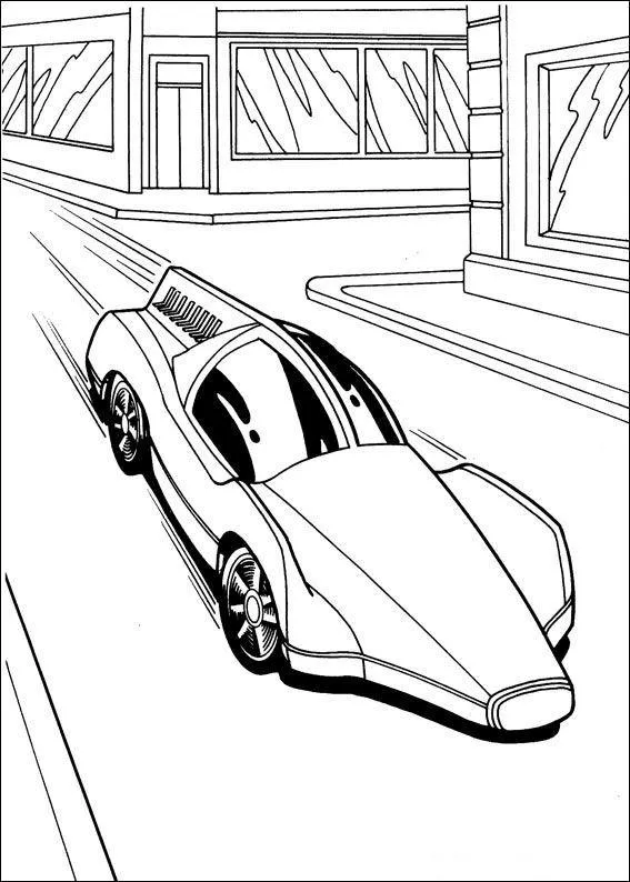 Desenho de contorno de um carro esportivo futurista com frente estreita e cabine arredondada, correndo em uma rua de cidade com prédios ao fundo.