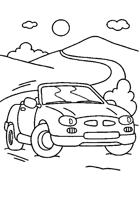 Desenho de contorno de um carro conversível compacto em uma estrada curva, com montanhas, arbustos, nuvens e o sol ao fundo.