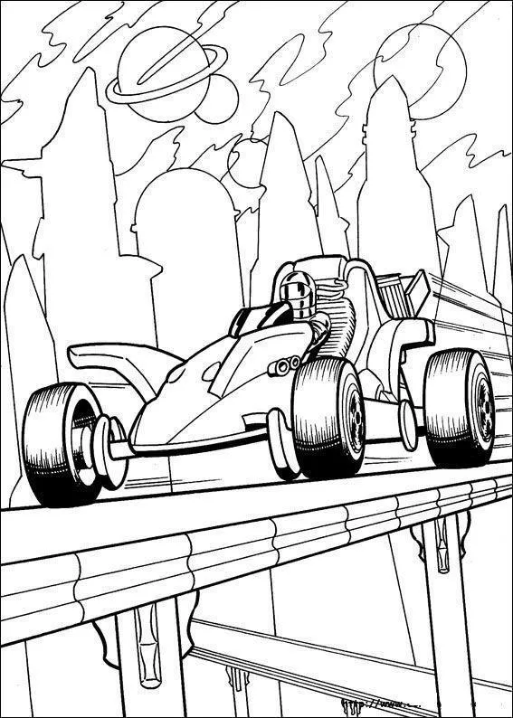 Desenho de contorno de um carro de corrida estilo buggy futurista em uma pista elevada, com planetas com anéis e torres pontiagudas ao fundo.